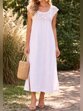 White Crochet Lace Cotton Midi Dress Boho Peasant Festival Lightweight
